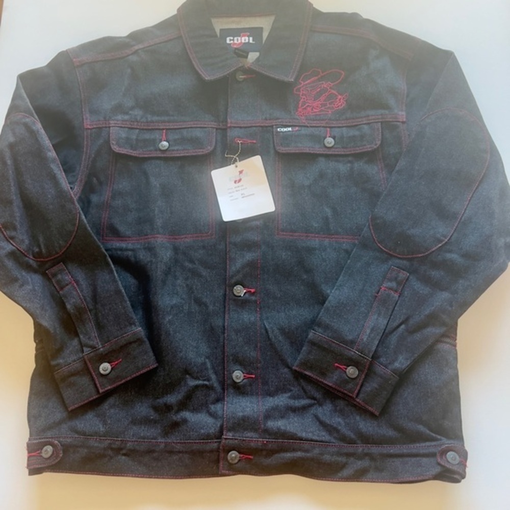 NWT Vintage Cool J Black Raw Denim Urban-Wear Jacket Red-Line Embroidered